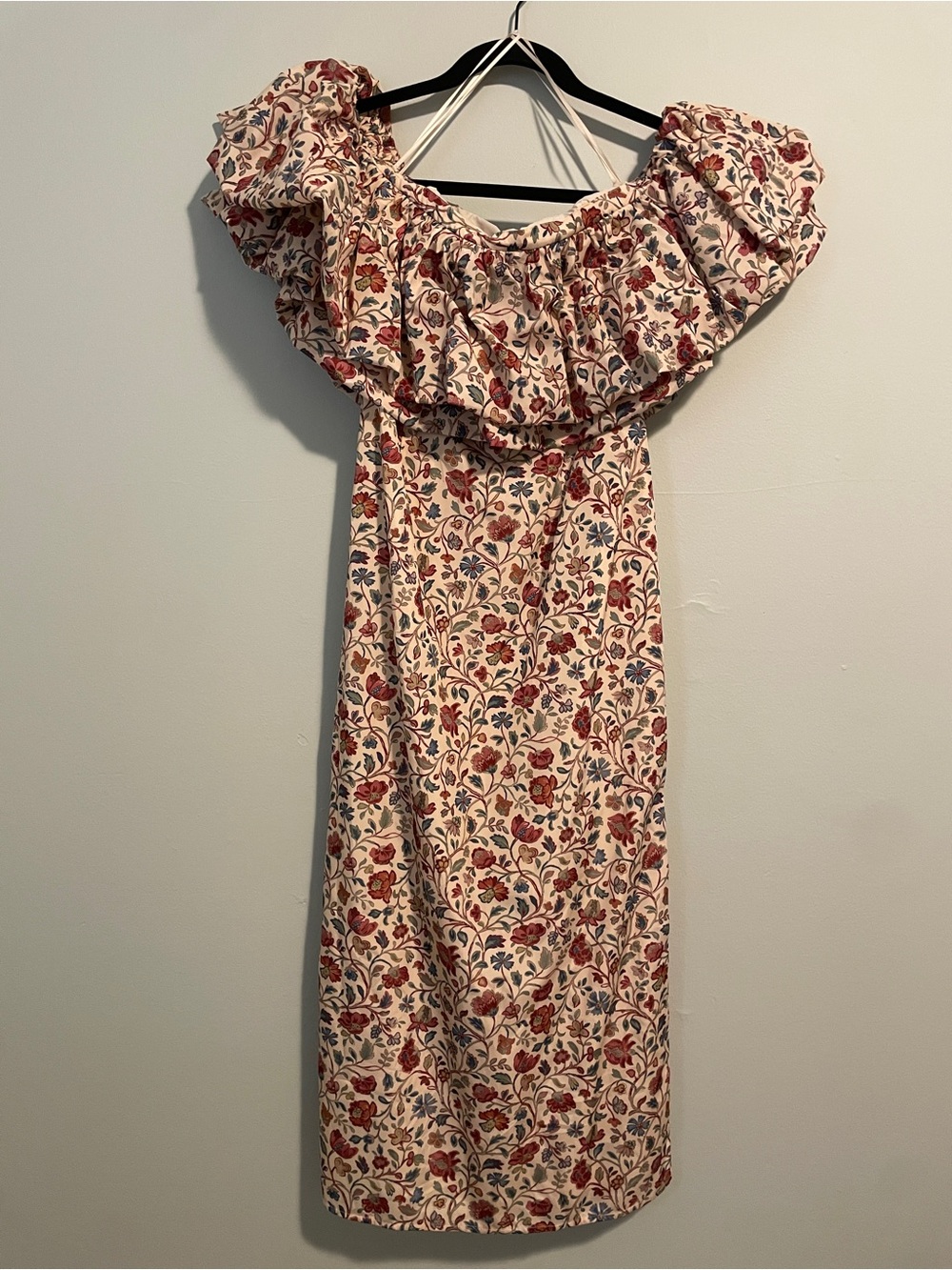 RHODE Off-Shoulder Floral Metallic Midi Dress in Cream and Rose - Picture 3 of 10